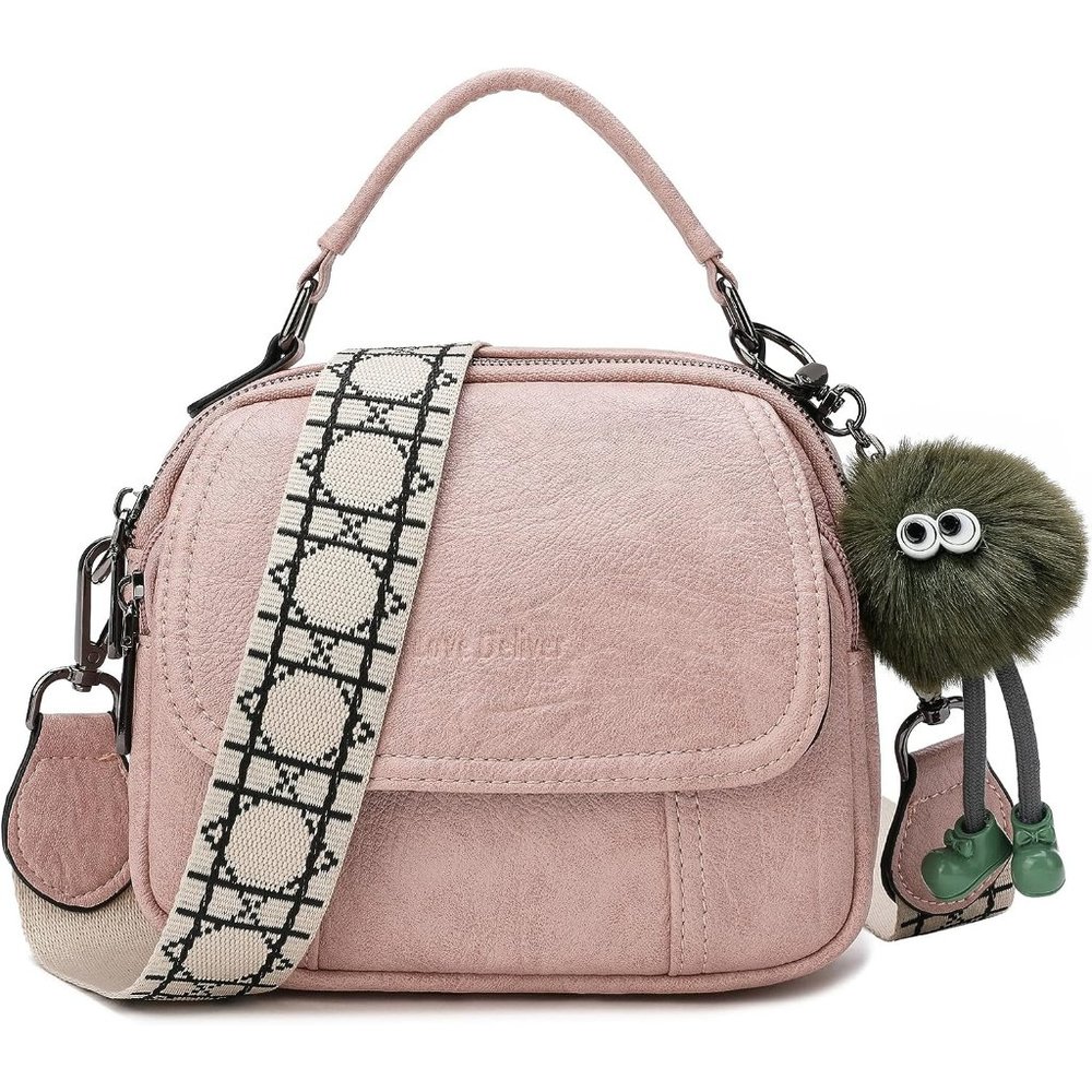Women Small Pink Leather Shoulder Bag Purse with 2 Detachable Straps